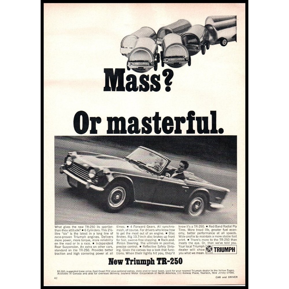 1968 Triumph TR-250 Convertible Roadster Vintage Print Ad Masterful Wall Art